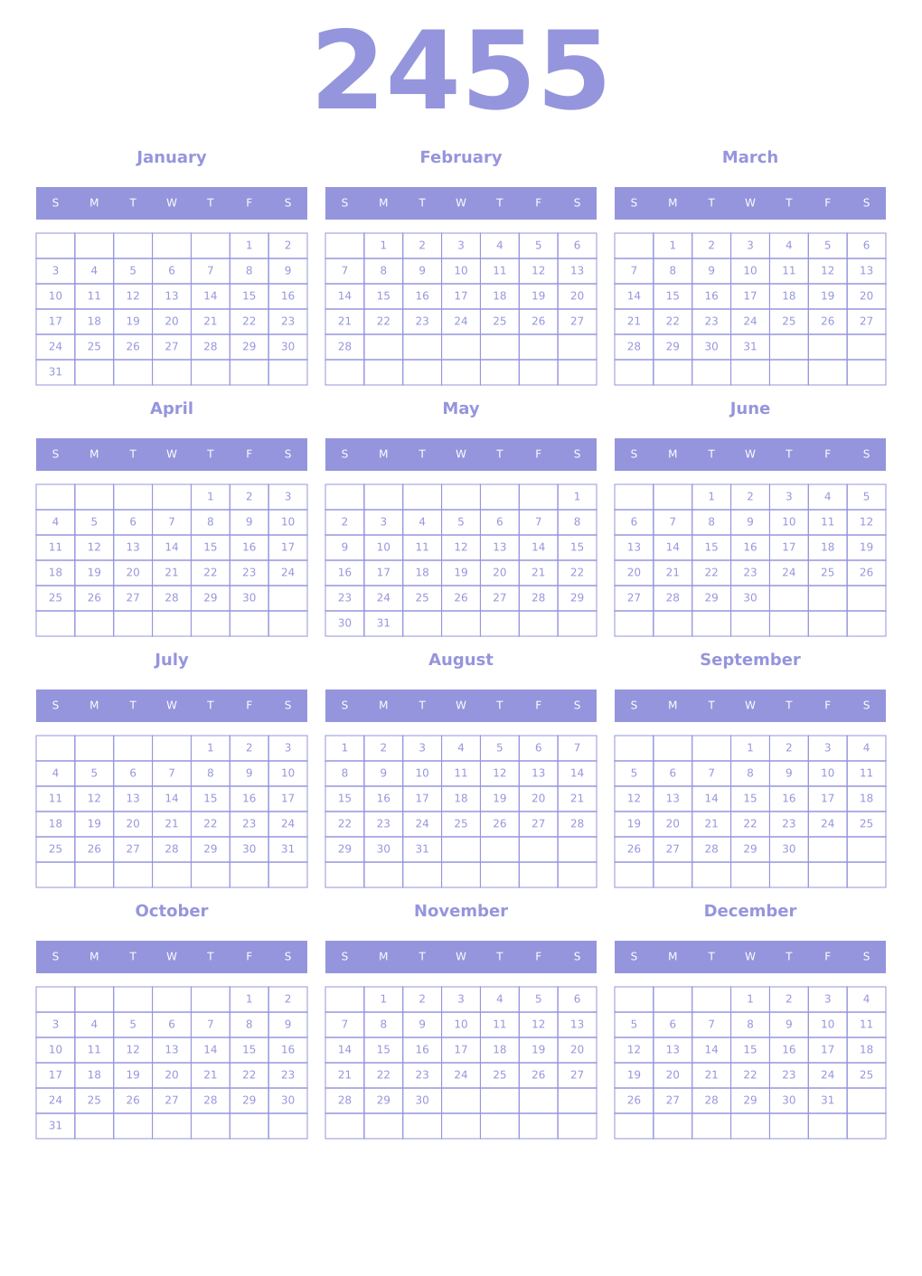 Printable 2455 Year Calendars periwinkle