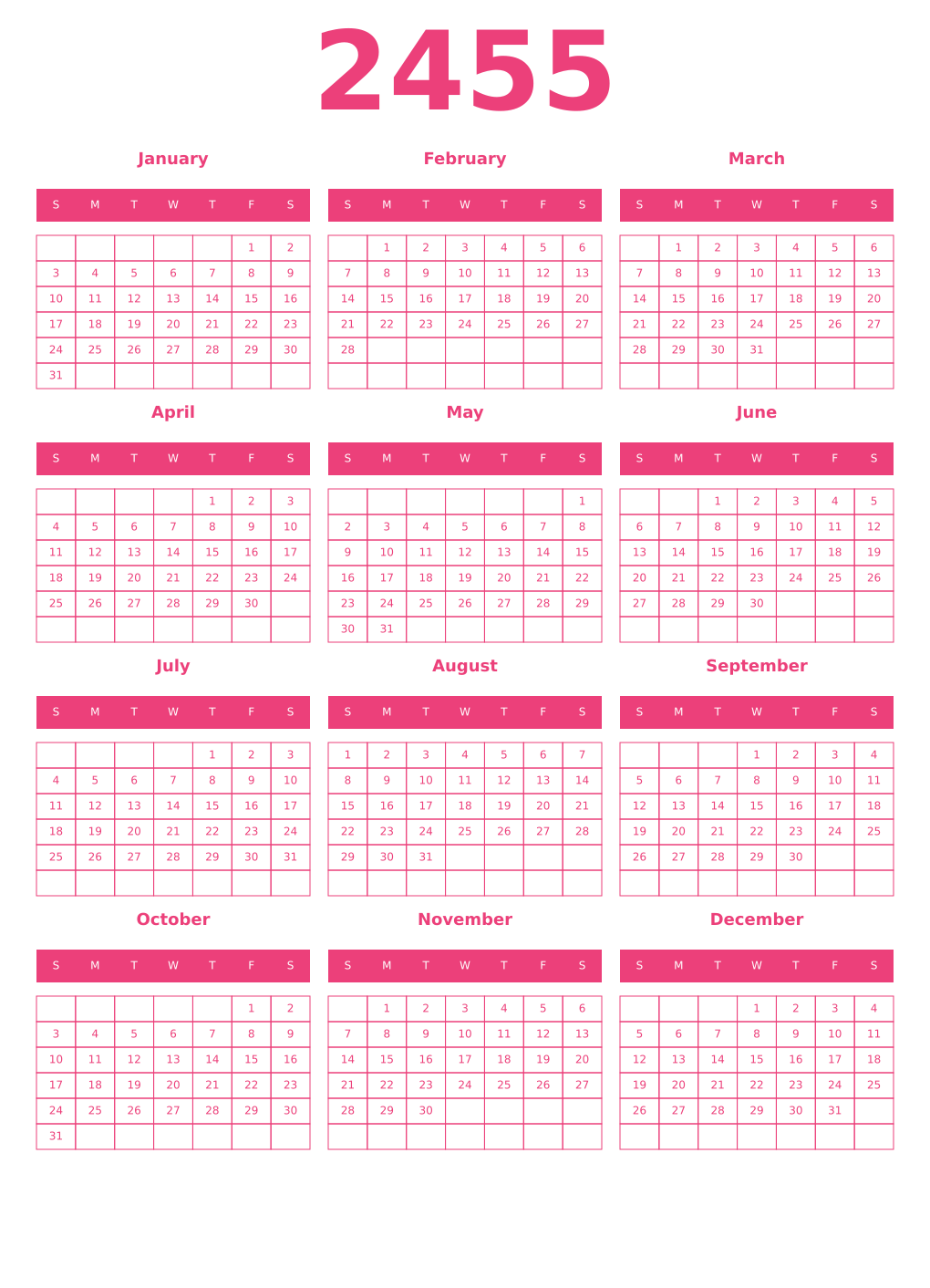 Printable 2455 Year Calendars pink