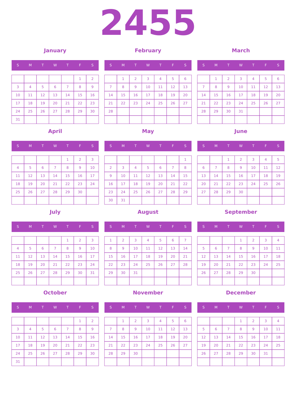Printable 2455 Year Calendars purple