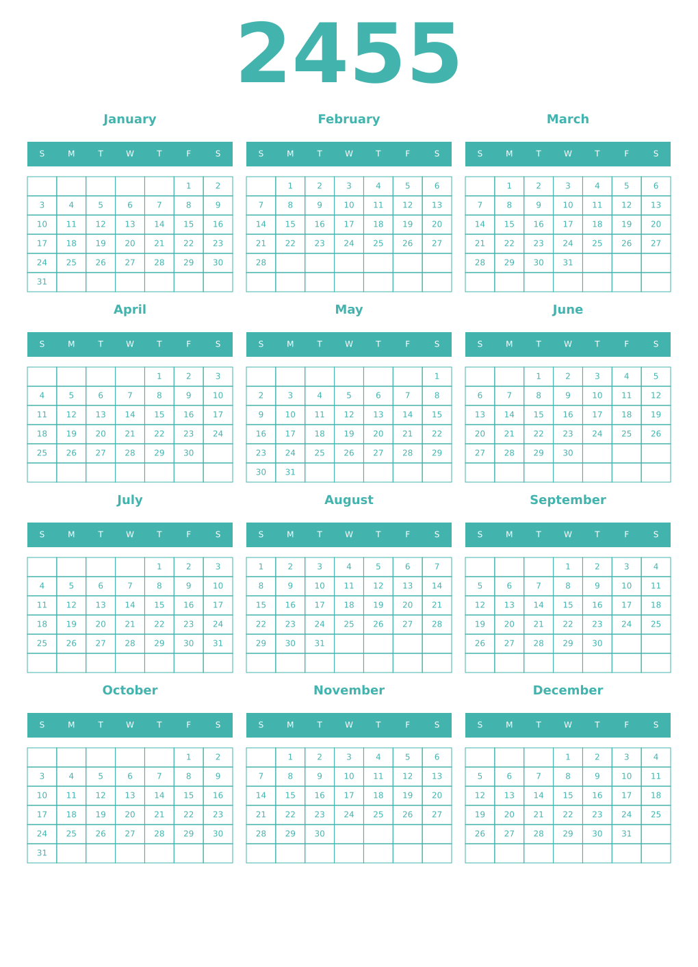 Printable 2455 Year Calendars verdigris