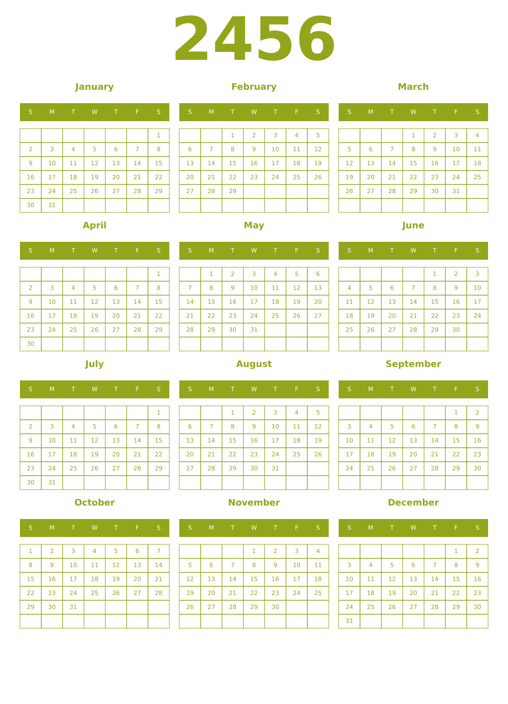 Printable 2456 Year Calendars chartreuse
