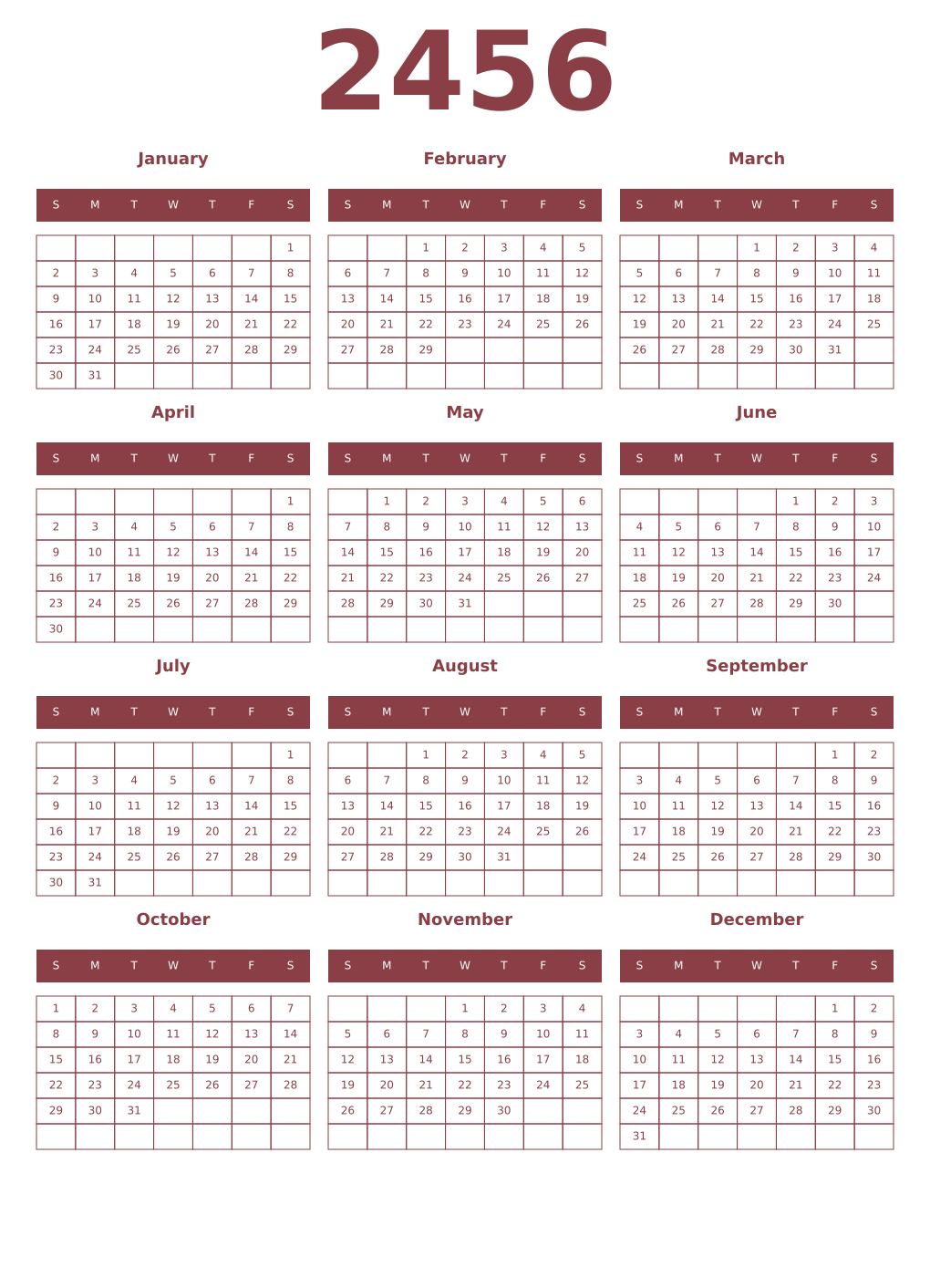 Printable 2456 Year Calendars cordovan