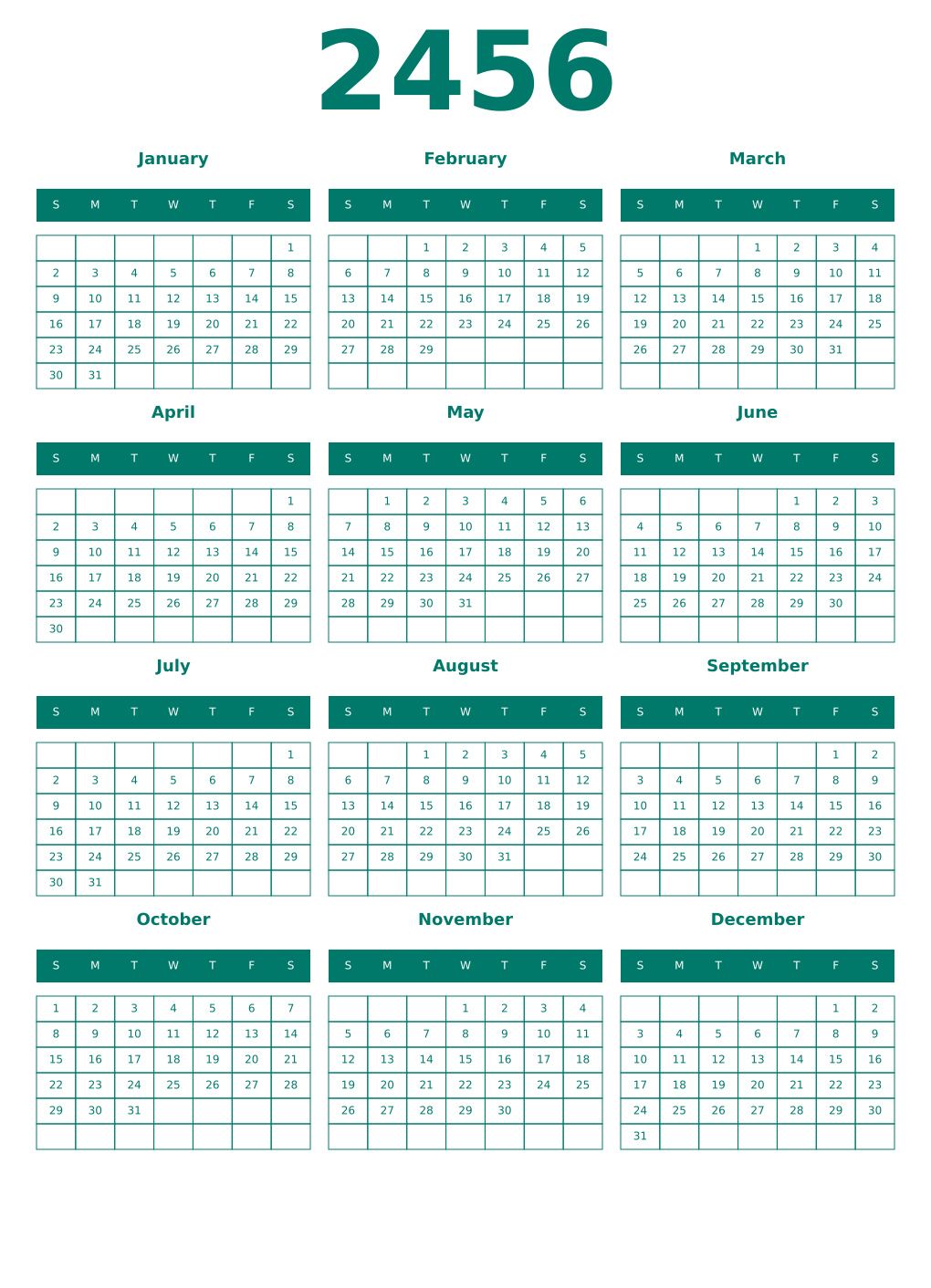 Printable 2456 Year Calendars pastel