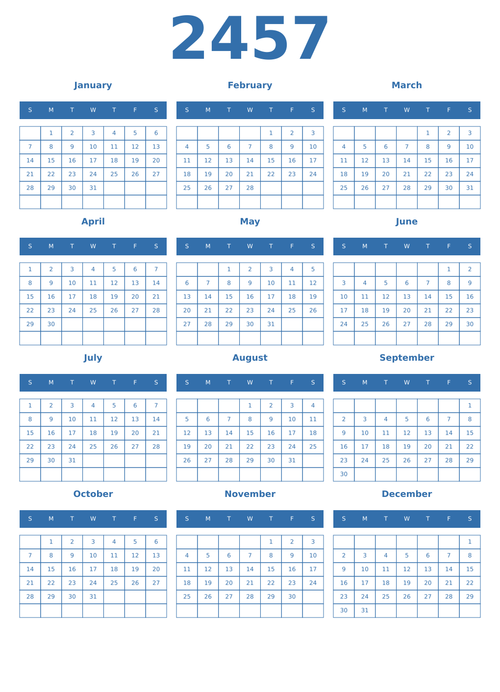 Printable 2457 Year Calendars blue