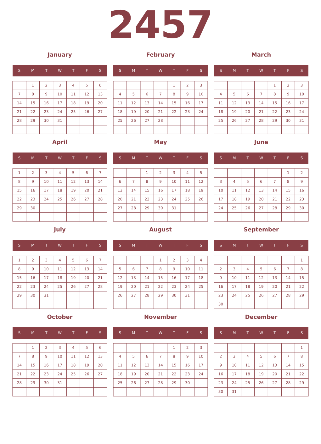 Printable 2457 Year Calendars cordovan