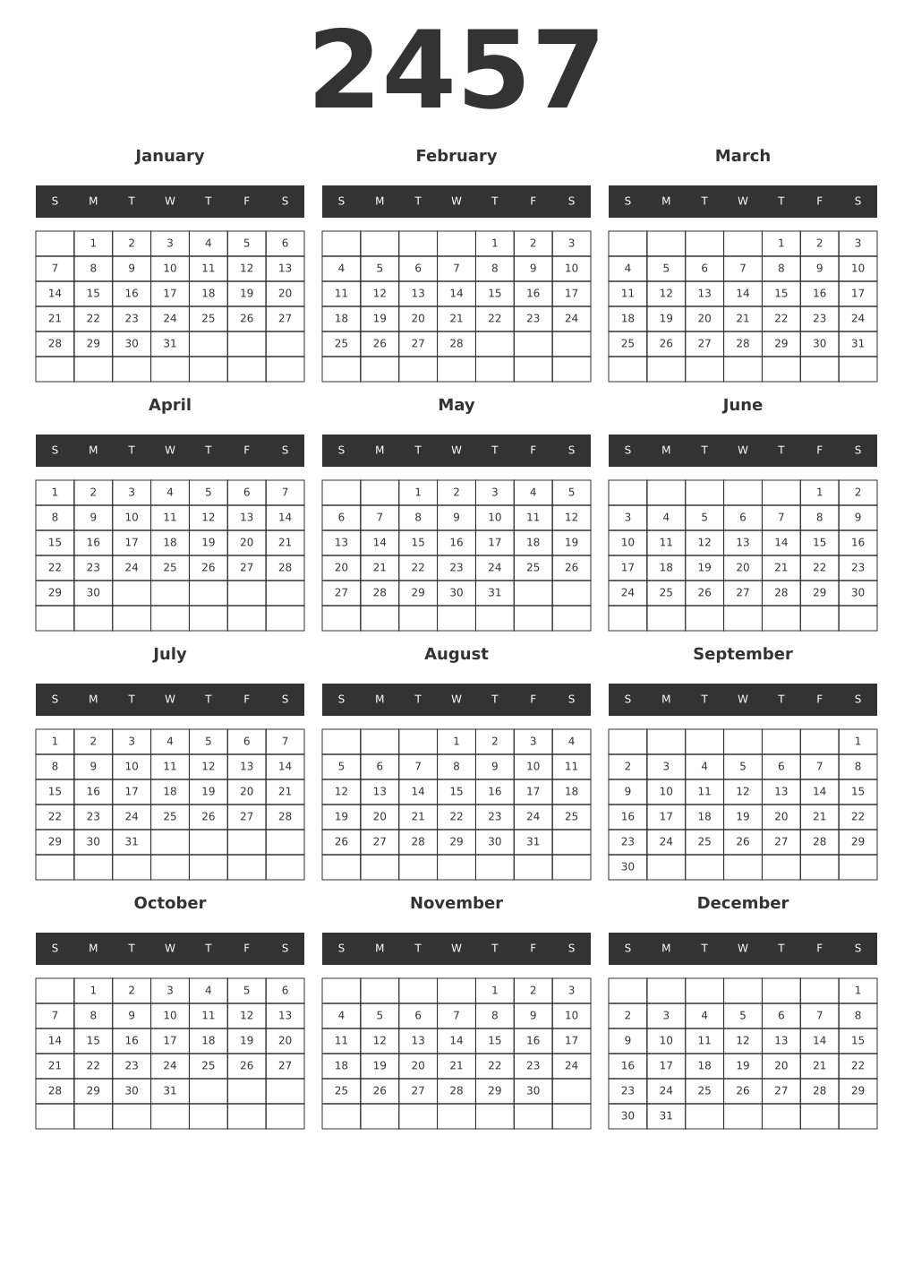 Printable 2457 Year Calendars dark