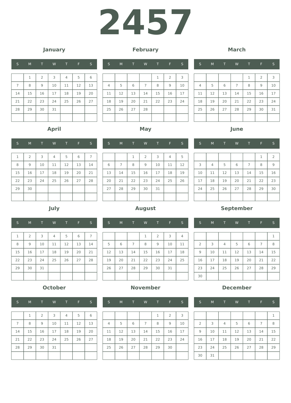 Printable 2457 Year Calendars feldgrau