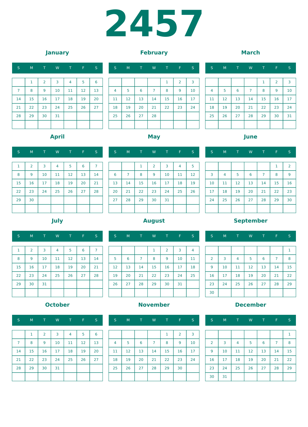 Printable 2457 Year Calendars pastel