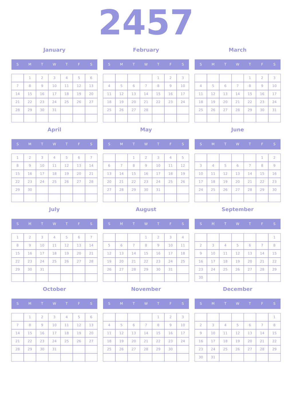Printable 2457 Year Calendars periwinkle