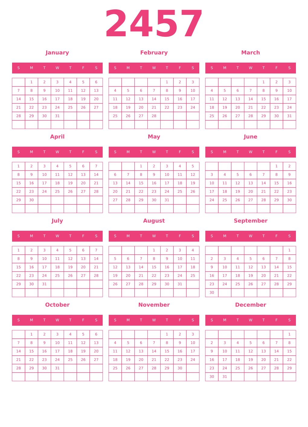 Printable 2457 Year Calendars pink