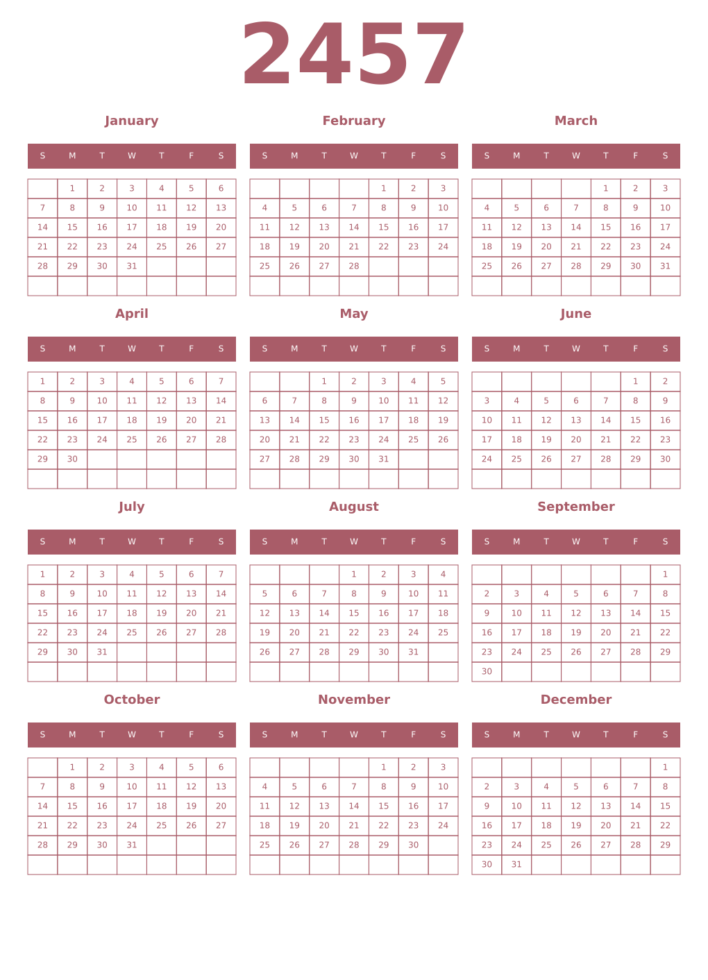 Printable 2457 Year Calendars puce