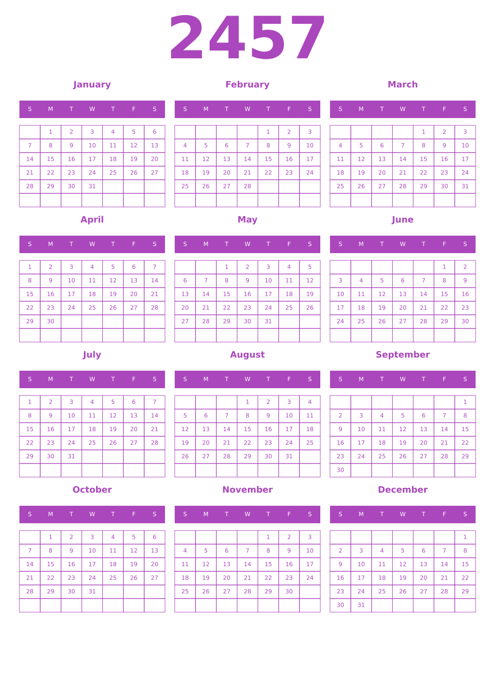 Printable 2457 Year Calendars purple
