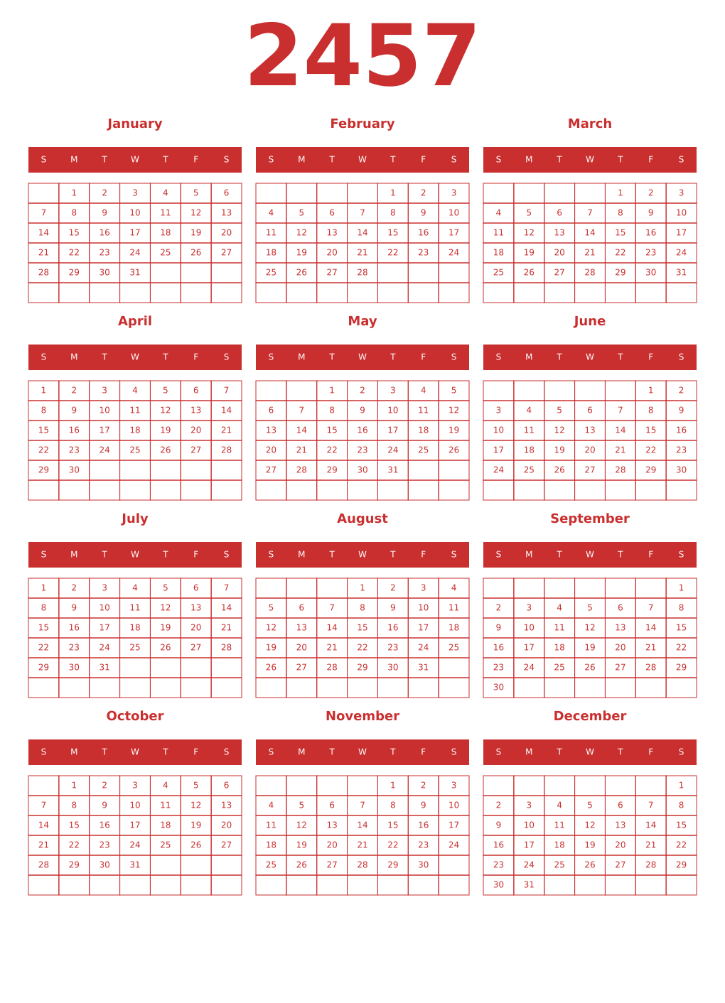Printable 2457 Year Calendars red