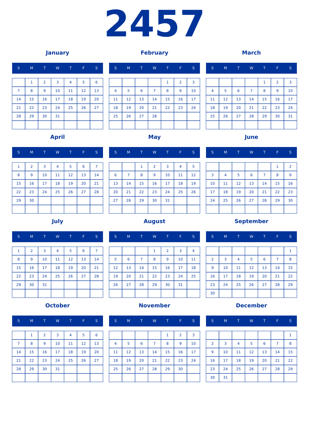 Printable 2457 Year Calendars smalt