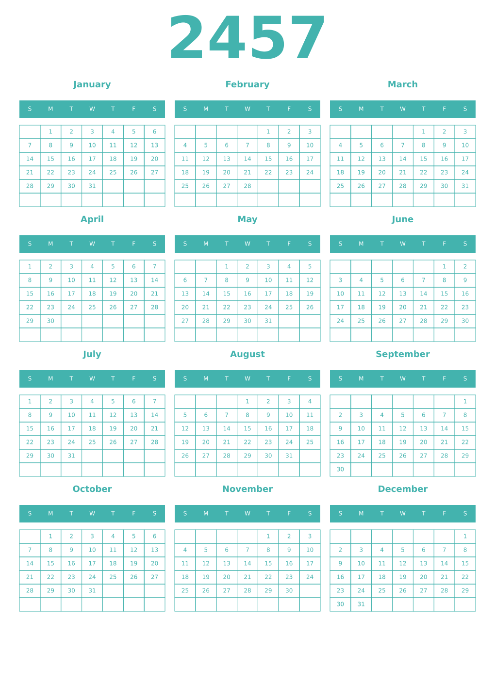 Printable 2457 Year Calendars verdigris