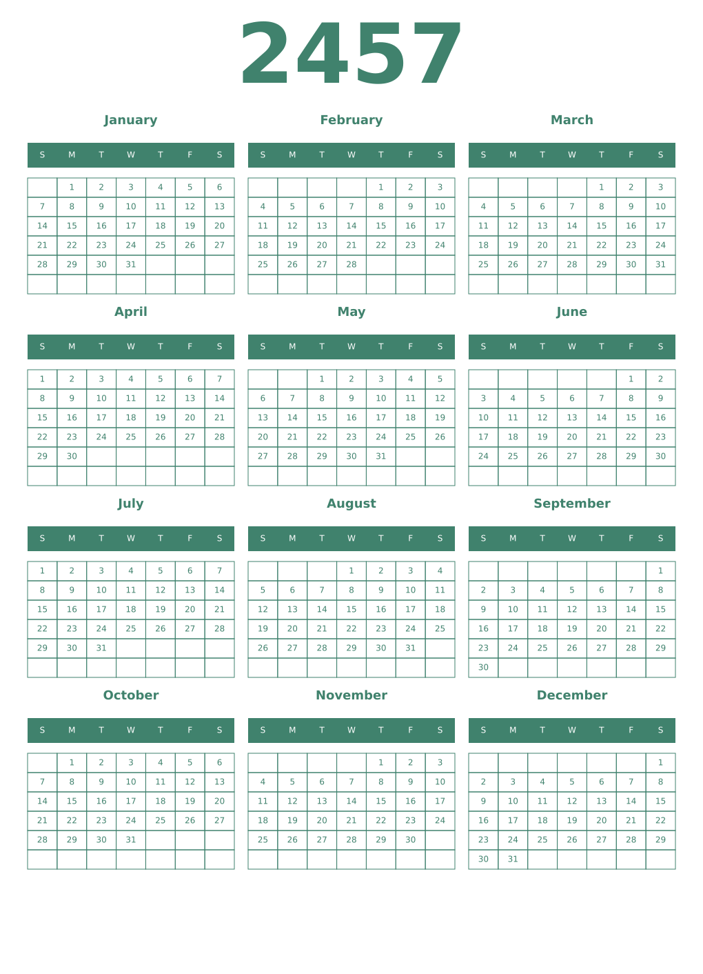 Printable 2457 Year Calendars viridian