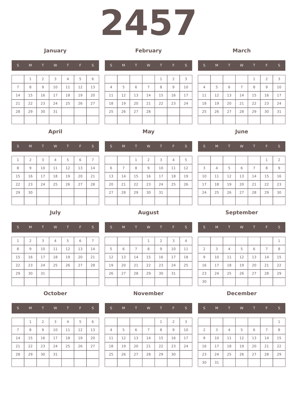 Printable 2457 Year Calendars wenge