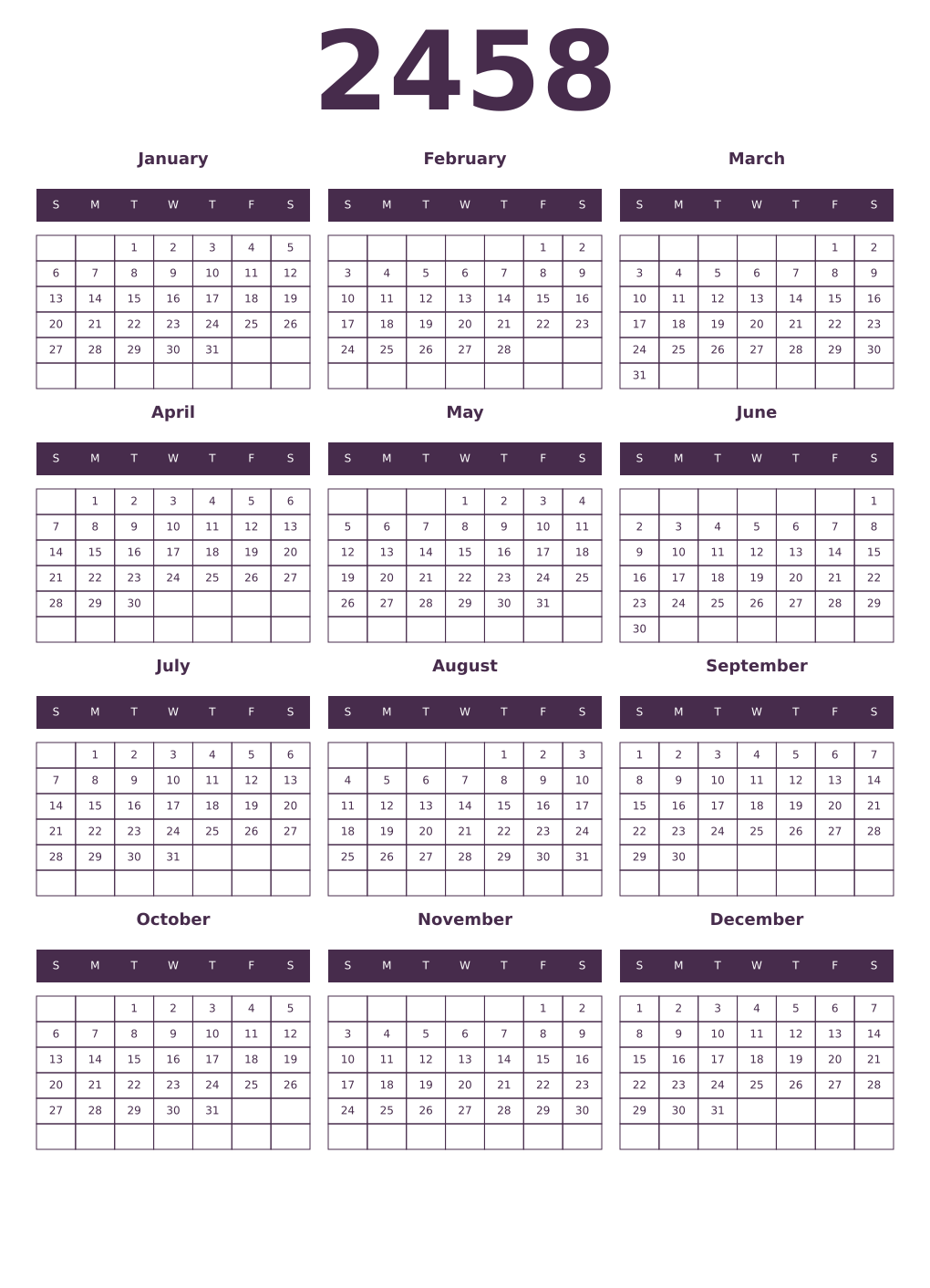 Printable 2458 Year Calendars aubergine