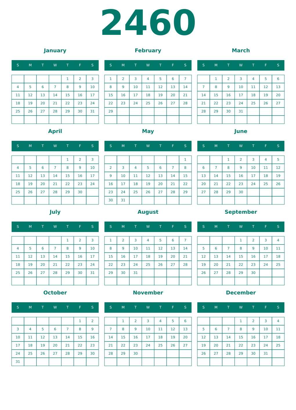 Printable 2460 Year Calendars pastel