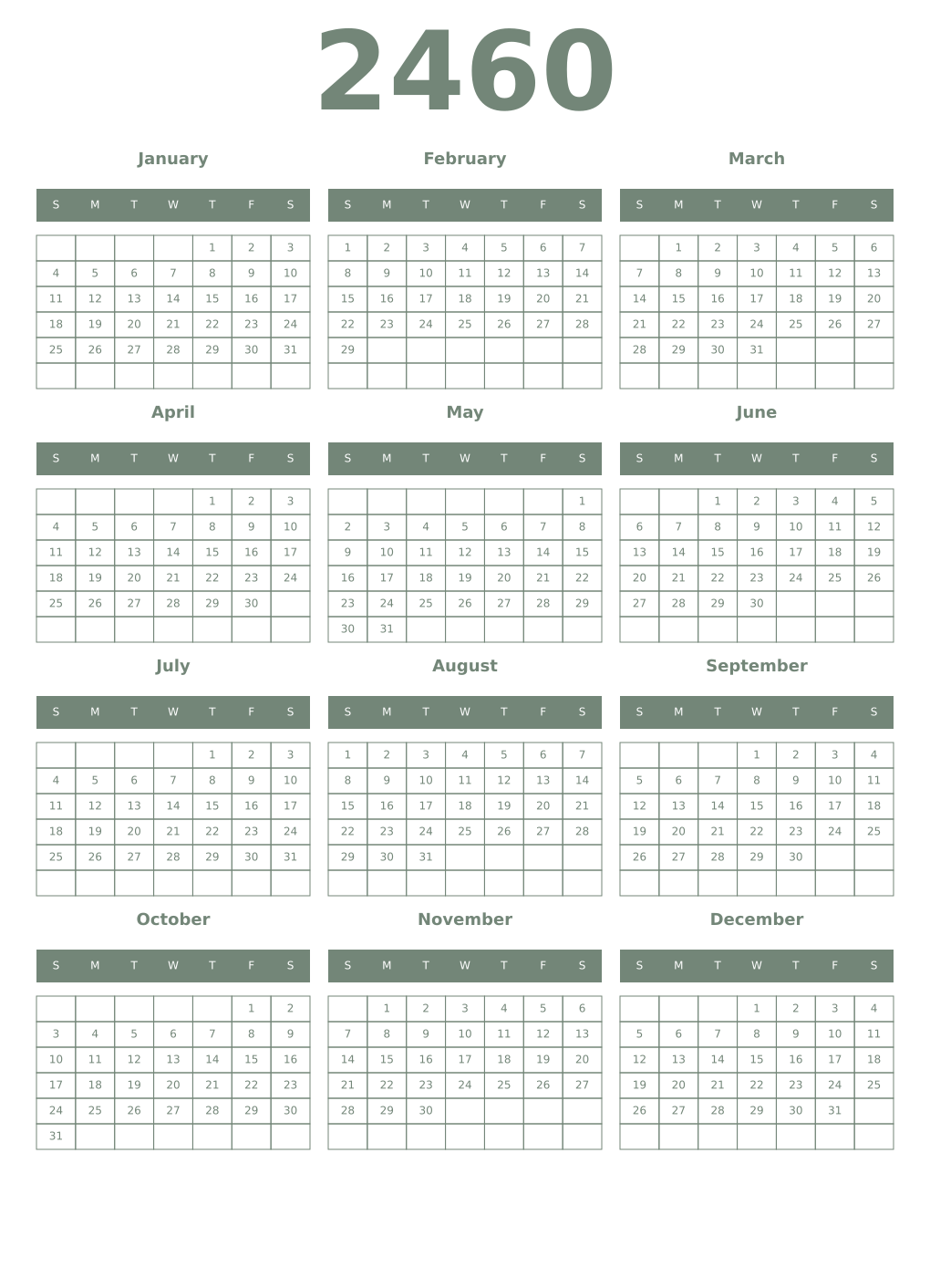 Printable 2460 Year Calendars xanadu