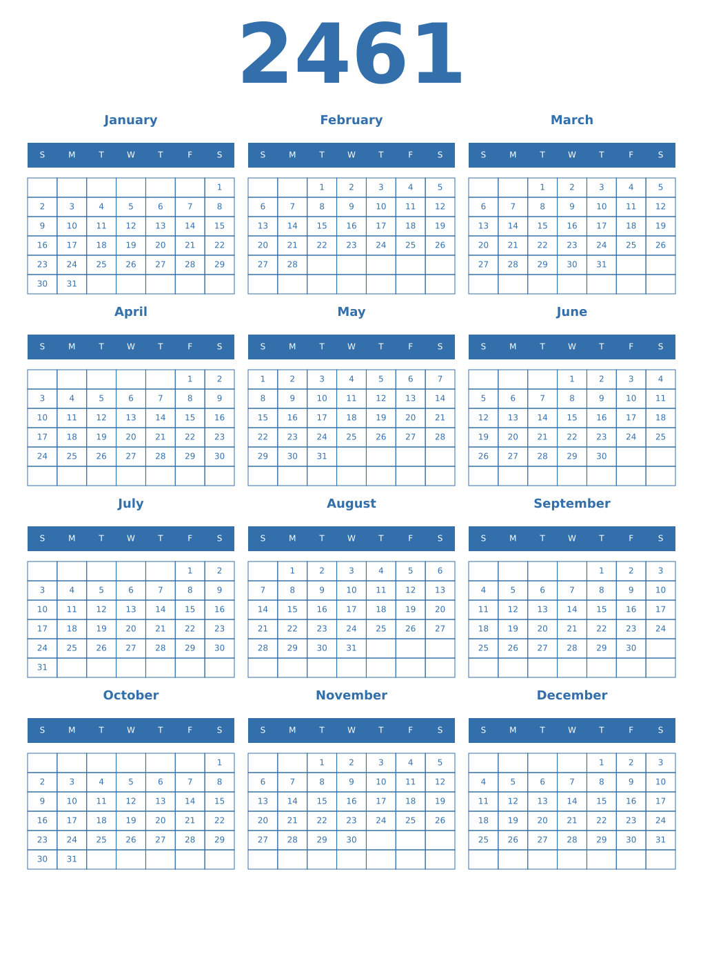 Printable 2461 Year Calendars blue
