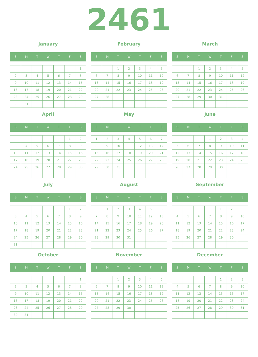 Printable 2461 Year Calendars celadon