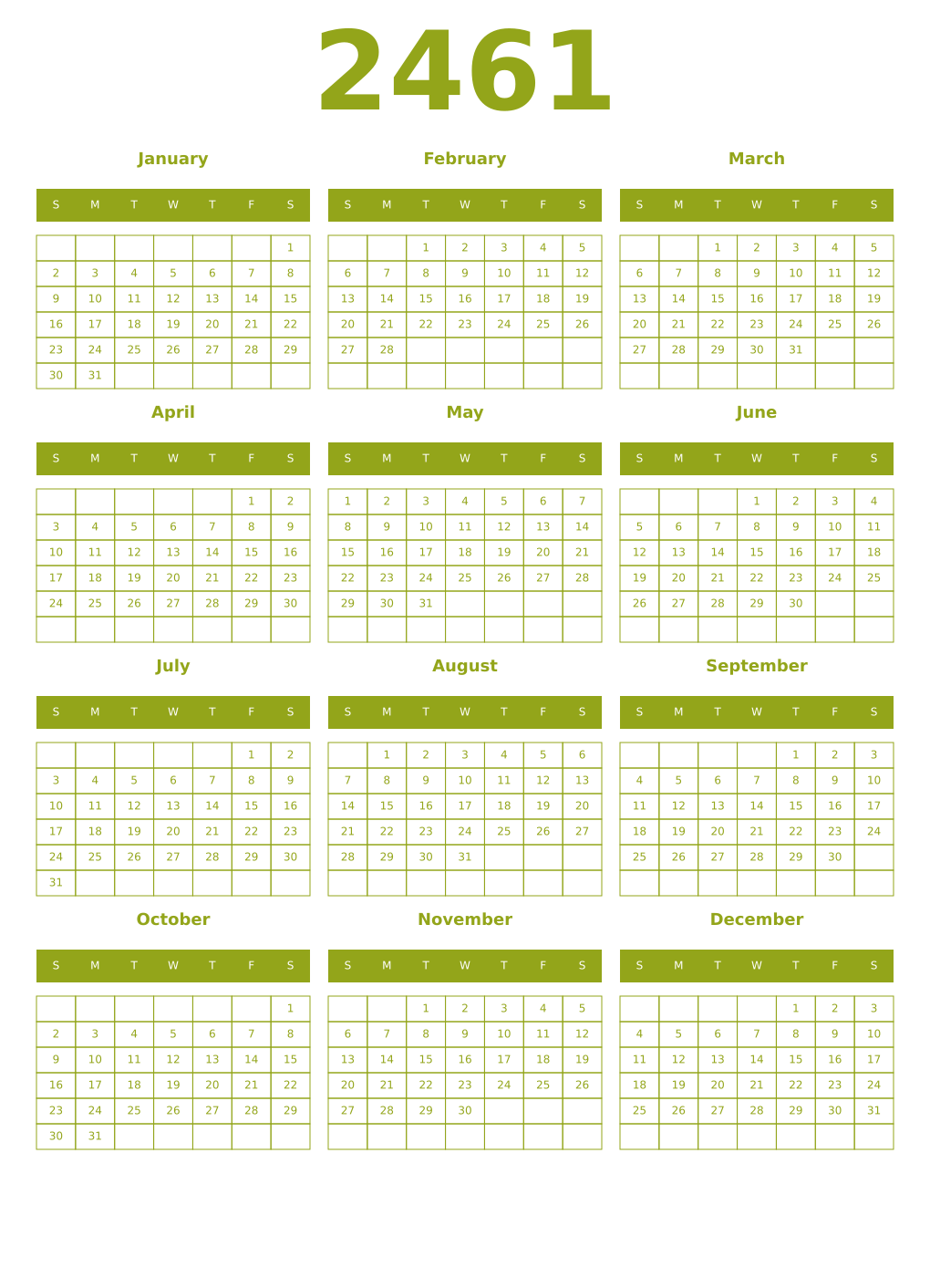 Printable 2461 Year Calendars chartreuse