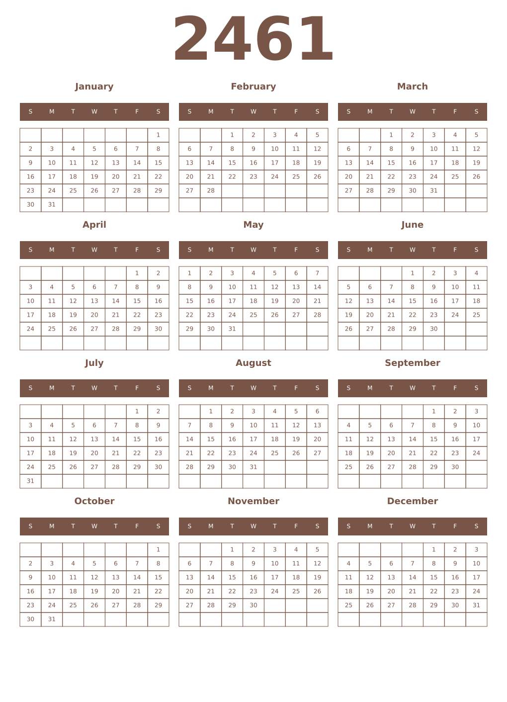 Printable 2461 Year Calendars coffe