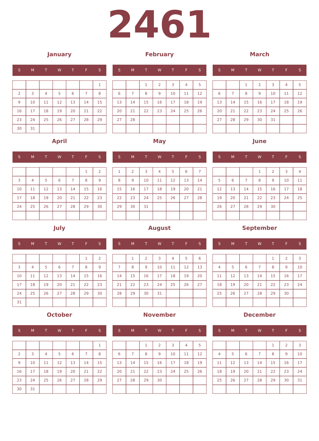 Printable 2461 Year Calendars cordovan