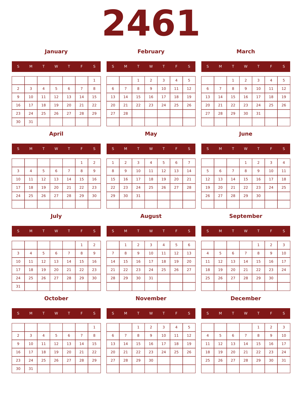 Printable 2461 Year Calendars falu