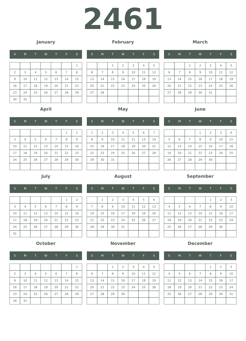 Printable 2461 Year Calendars feldgrau
