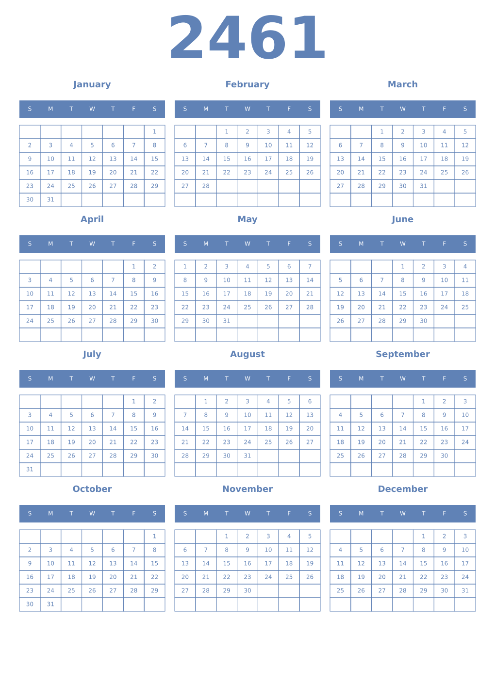 Printable 2461 Year Calendars glaucous