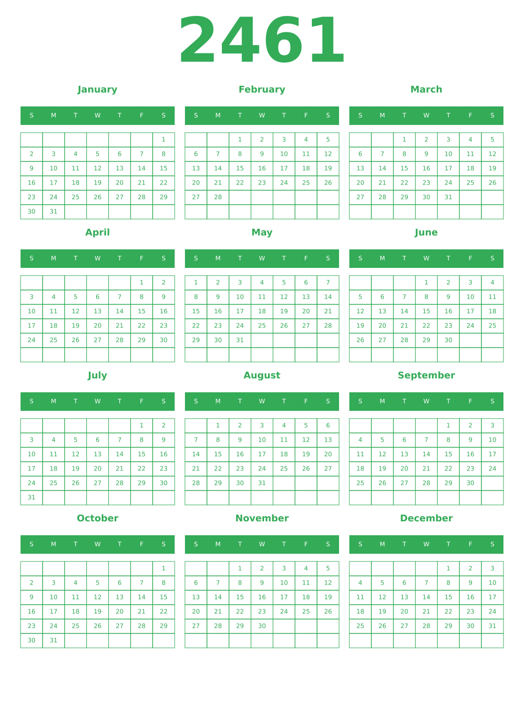 Printable 2461 Year Calendars green