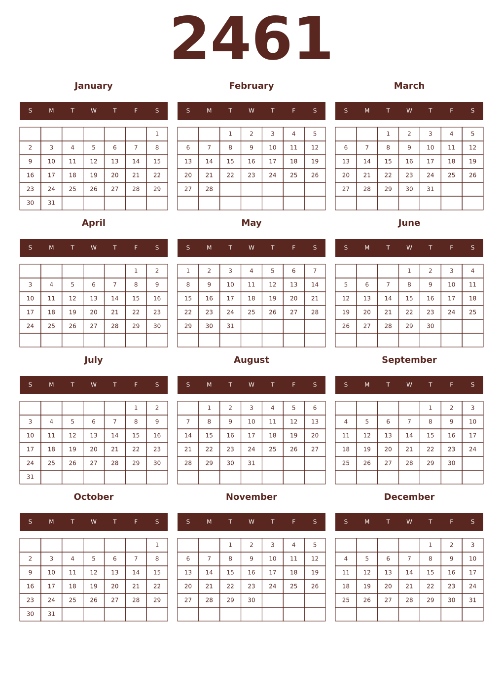 Printable 2461 Year Calendars mortuum