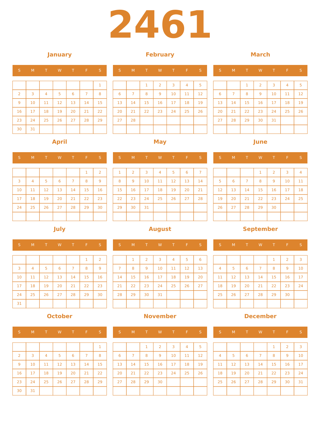 Printable 2461 Year Calendars orange