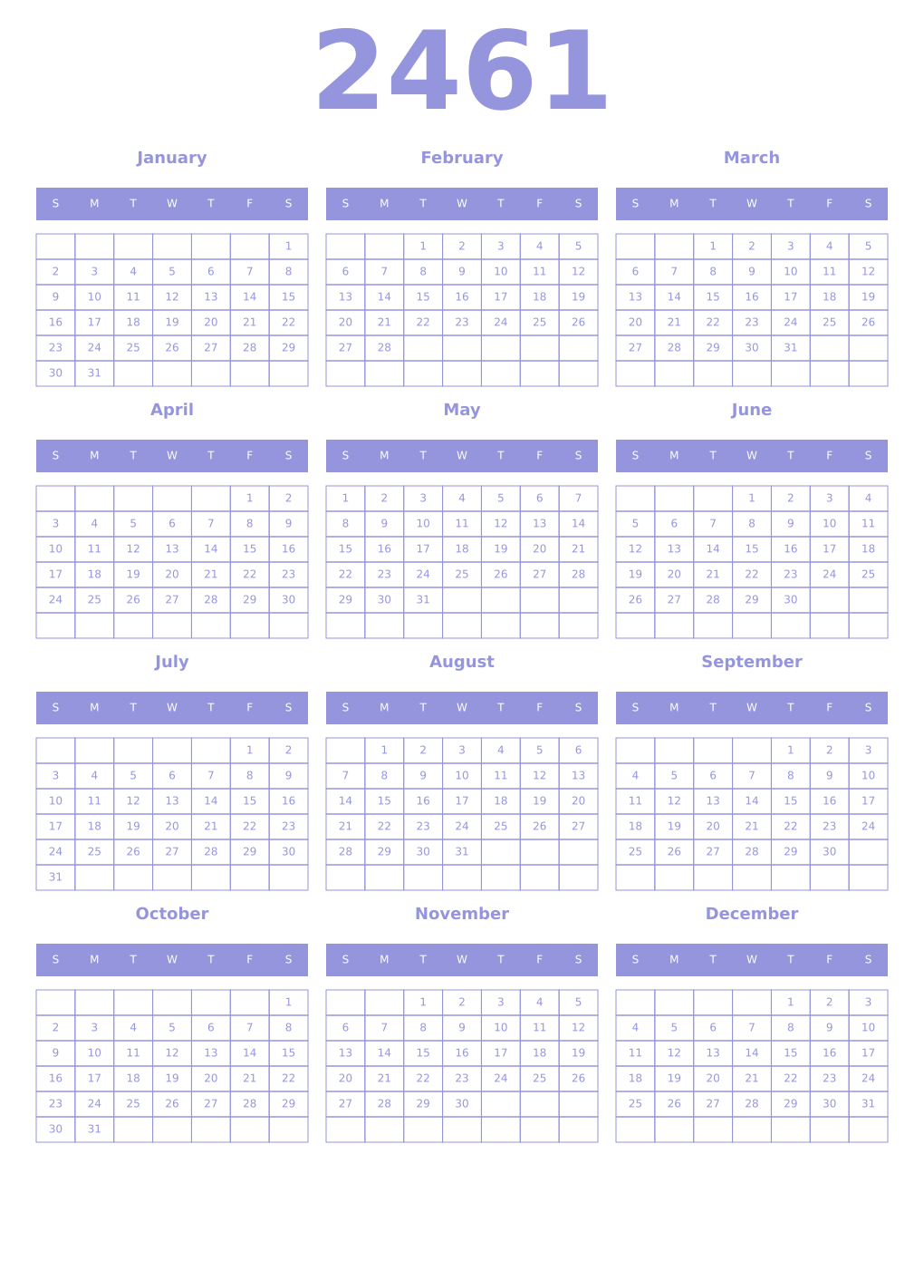 Printable 2461 Year Calendars periwinkle