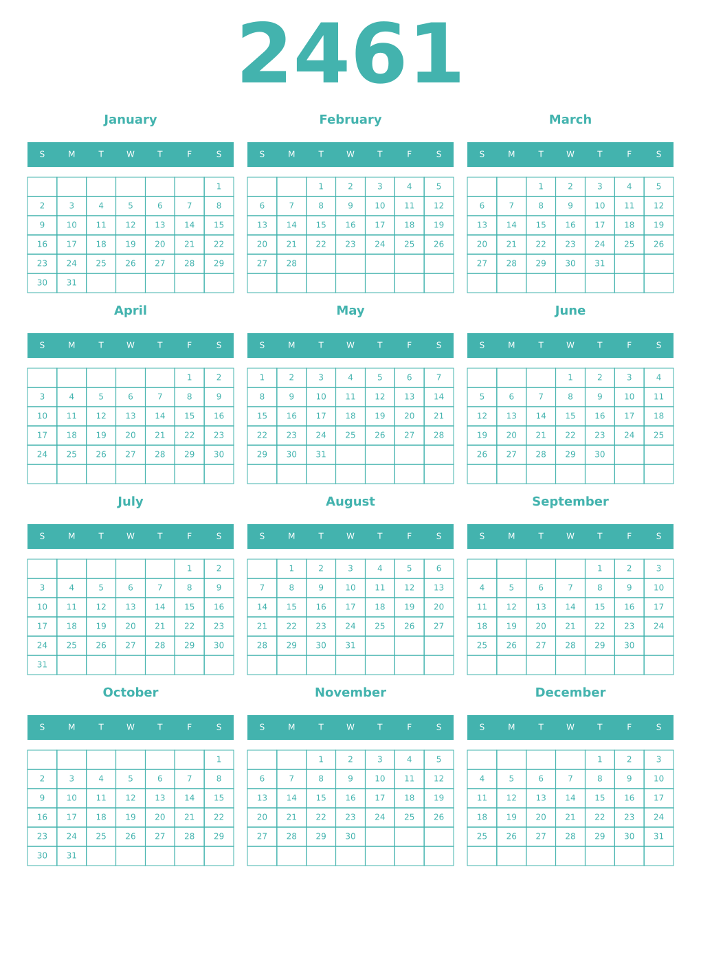 Printable 2461 Year Calendars verdigris