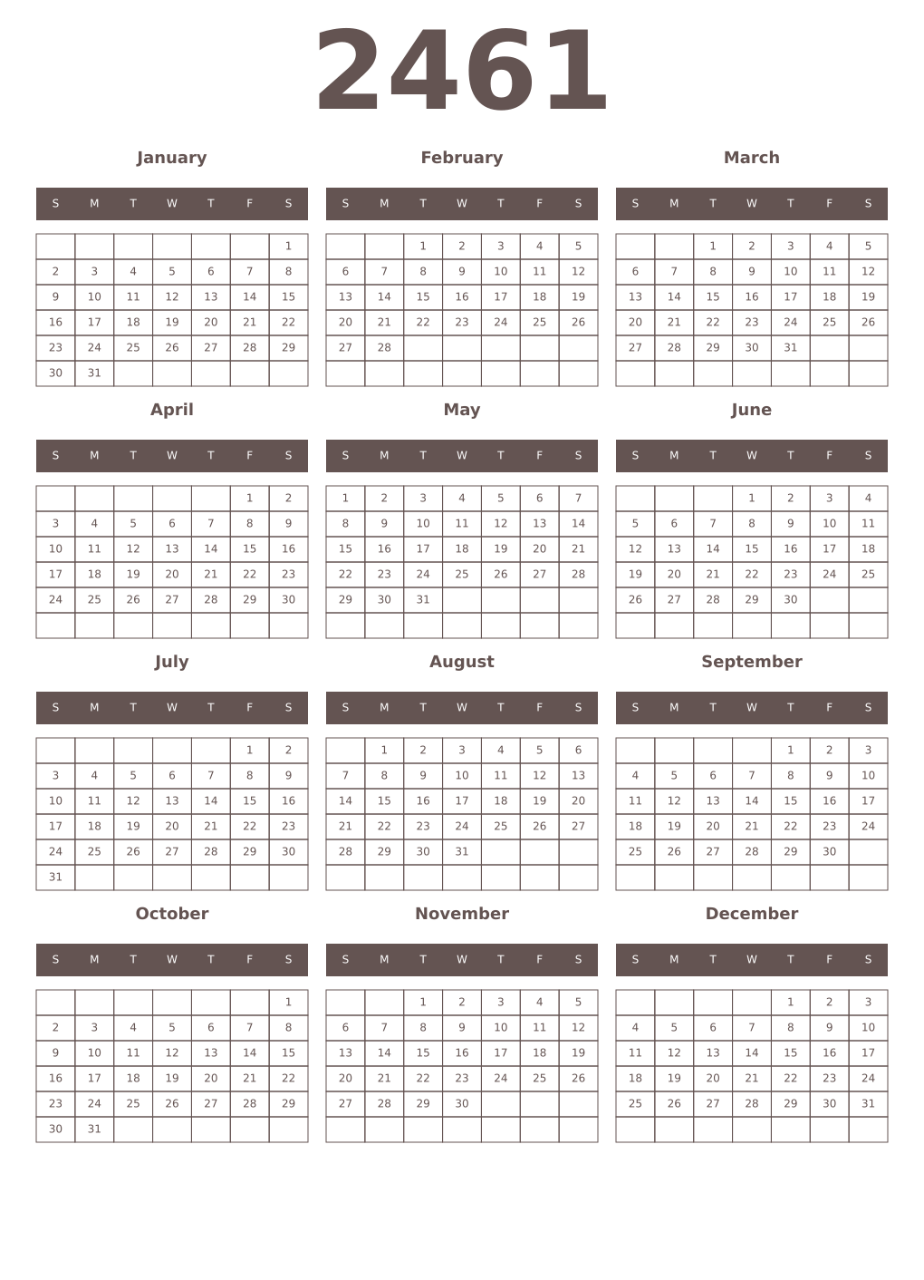 Printable 2461 Year Calendars wenge