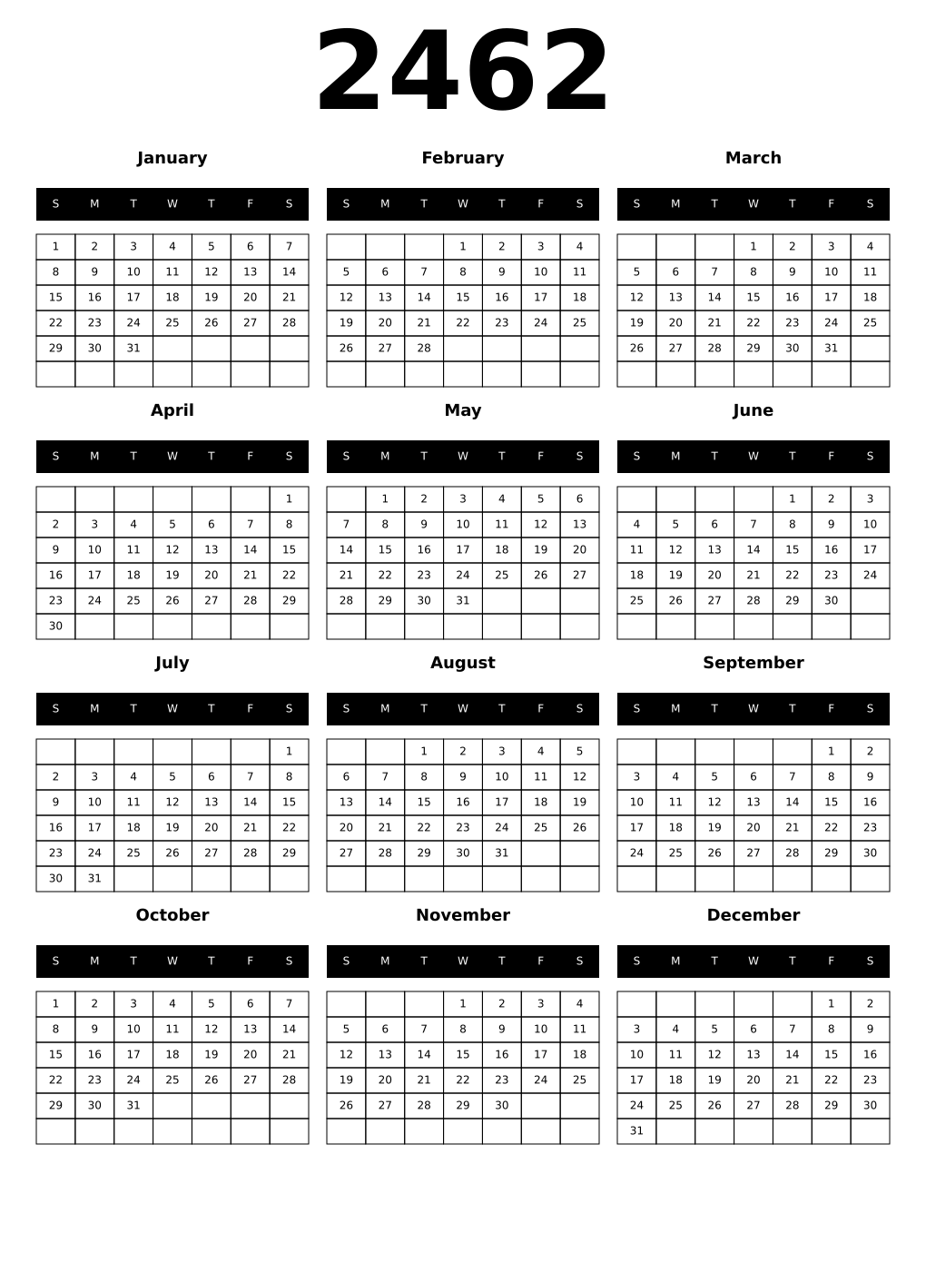 Printable 2462 Year Calendars black