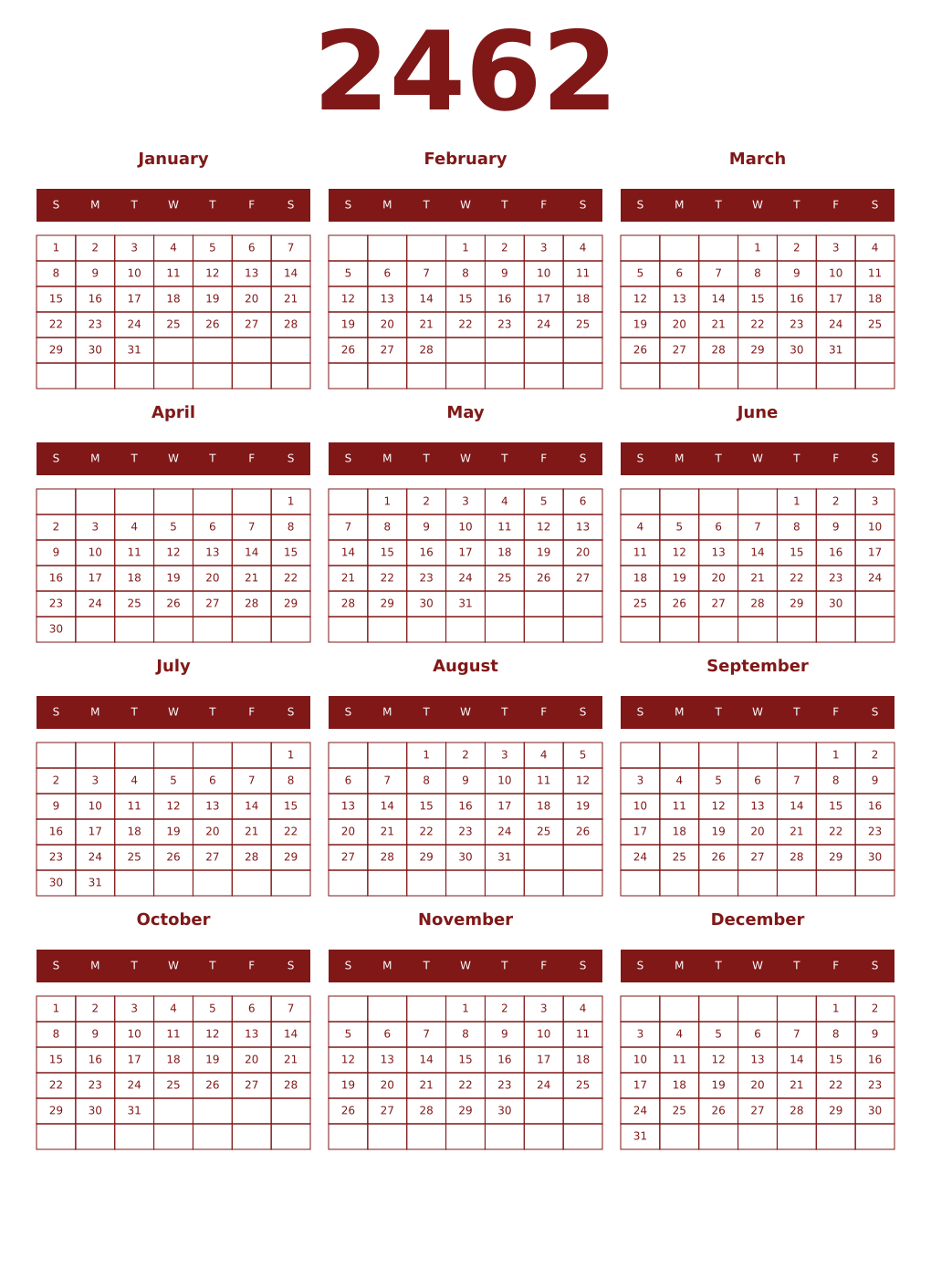 Printable 2462 Year Calendars falu
