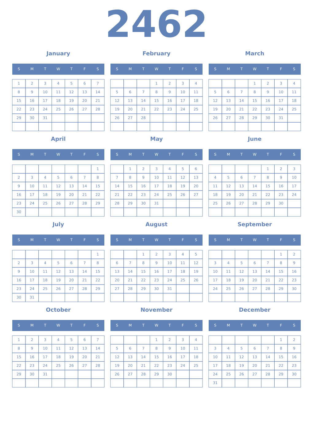 Printable 2462 Year Calendars glaucous