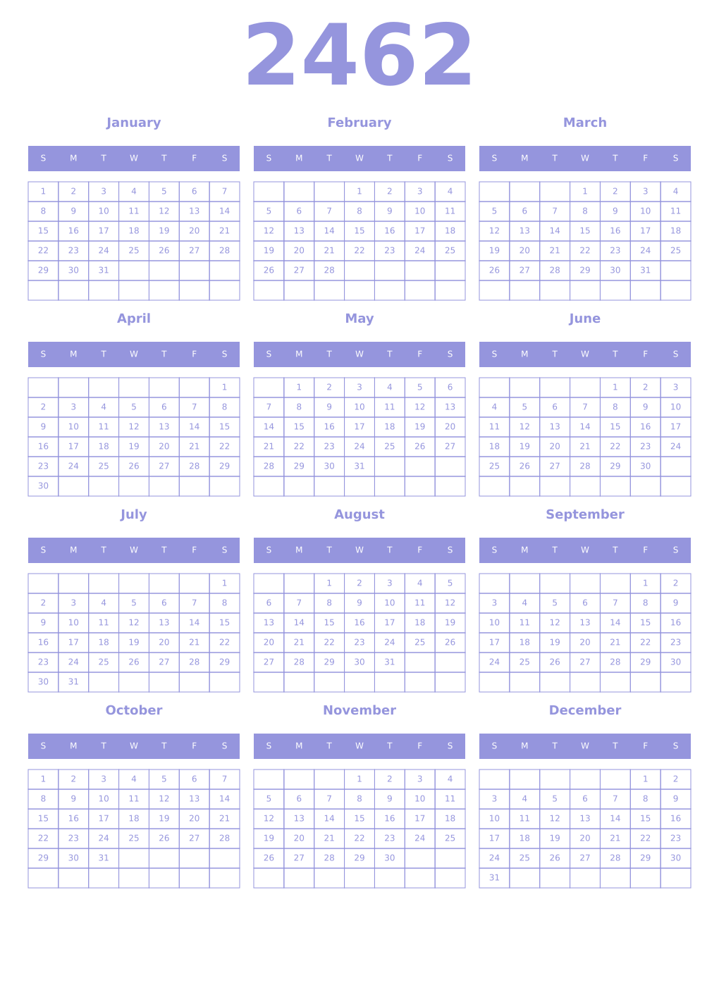 Printable 2462 Year Calendars periwinkle