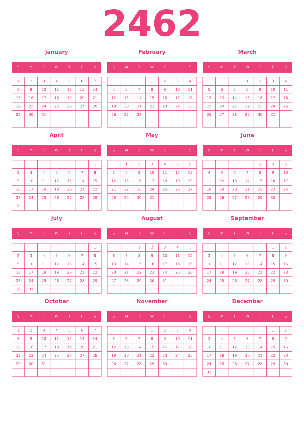 Printable 2462 Year Calendars pink