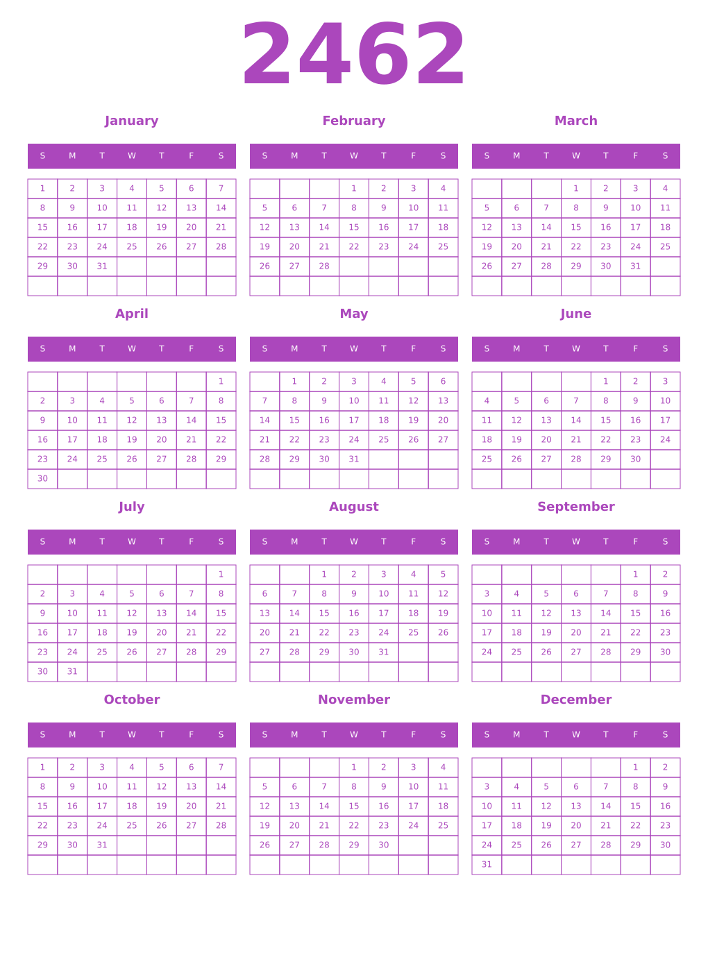 Printable 2462 Year Calendars purple