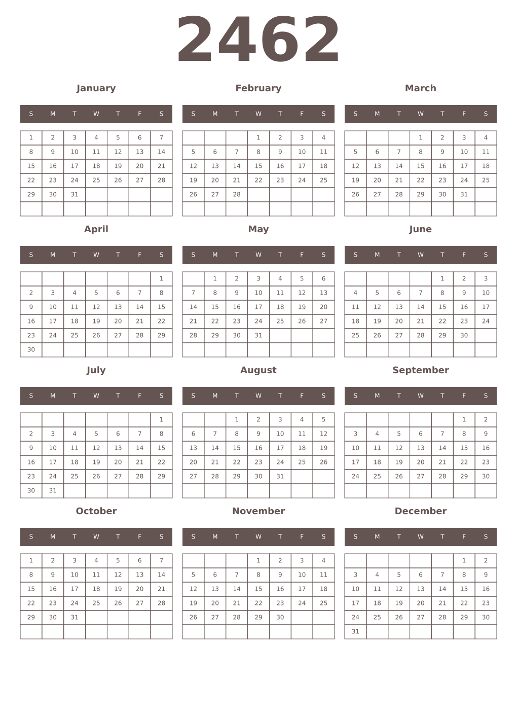 Printable 2462 Year Calendars wenge
