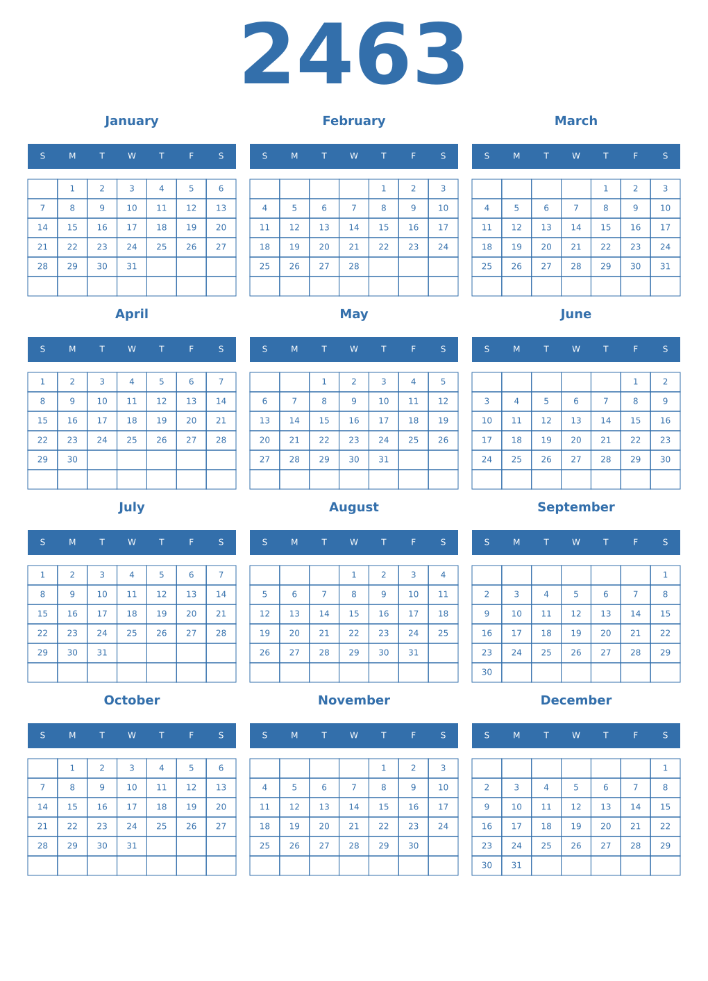 Printable 2463 Year Calendars blue