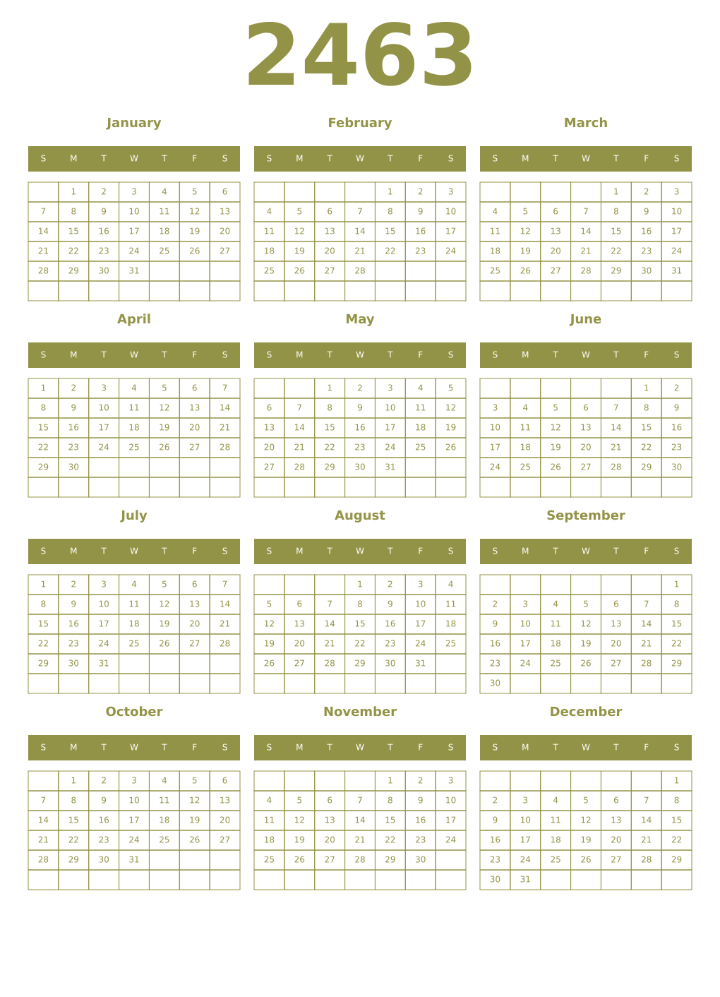 Printable 2463 Year Calendars eburnean