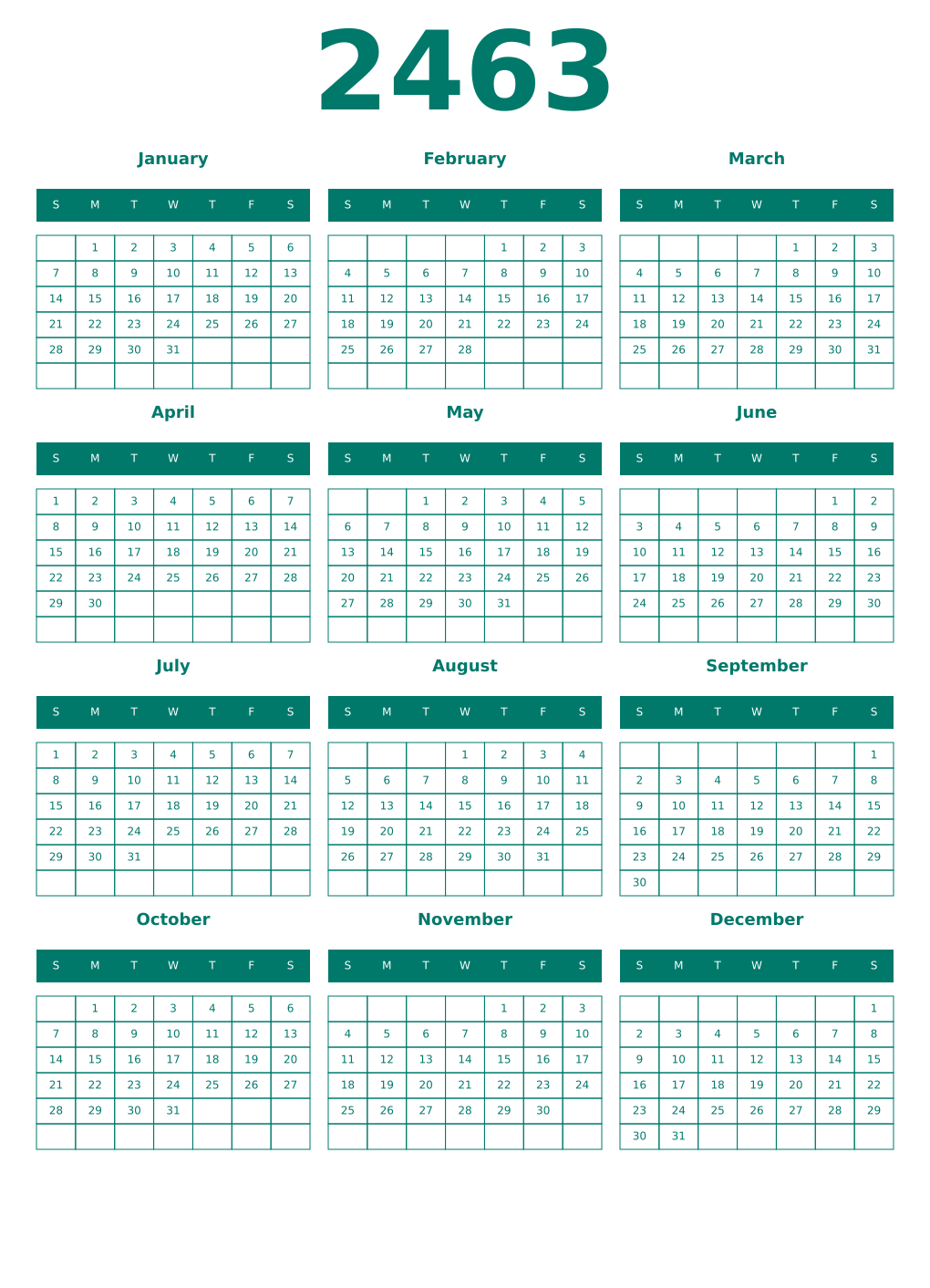 Printable 2463 Year Calendars pastel