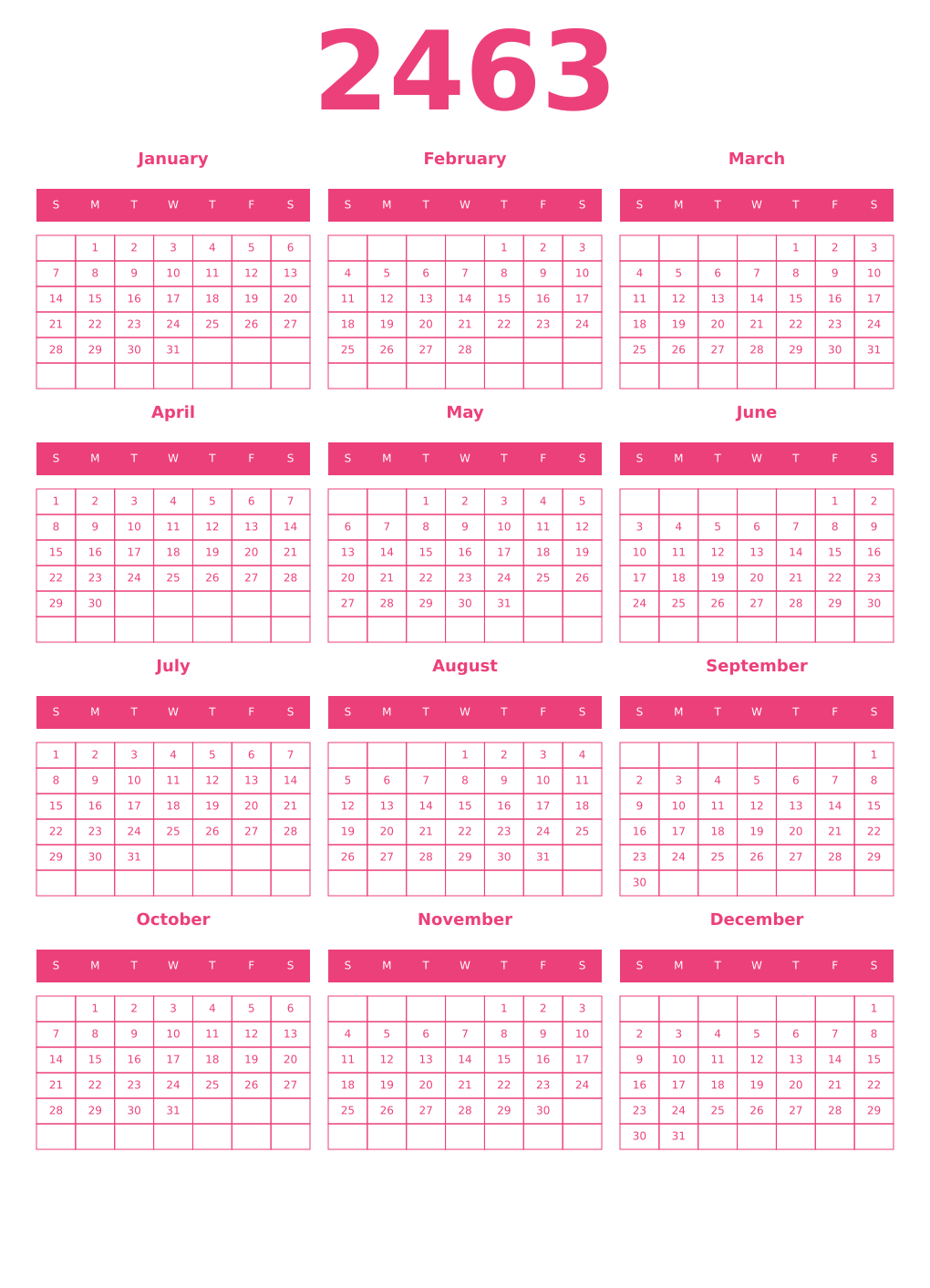 Printable 2463 Year Calendars pink