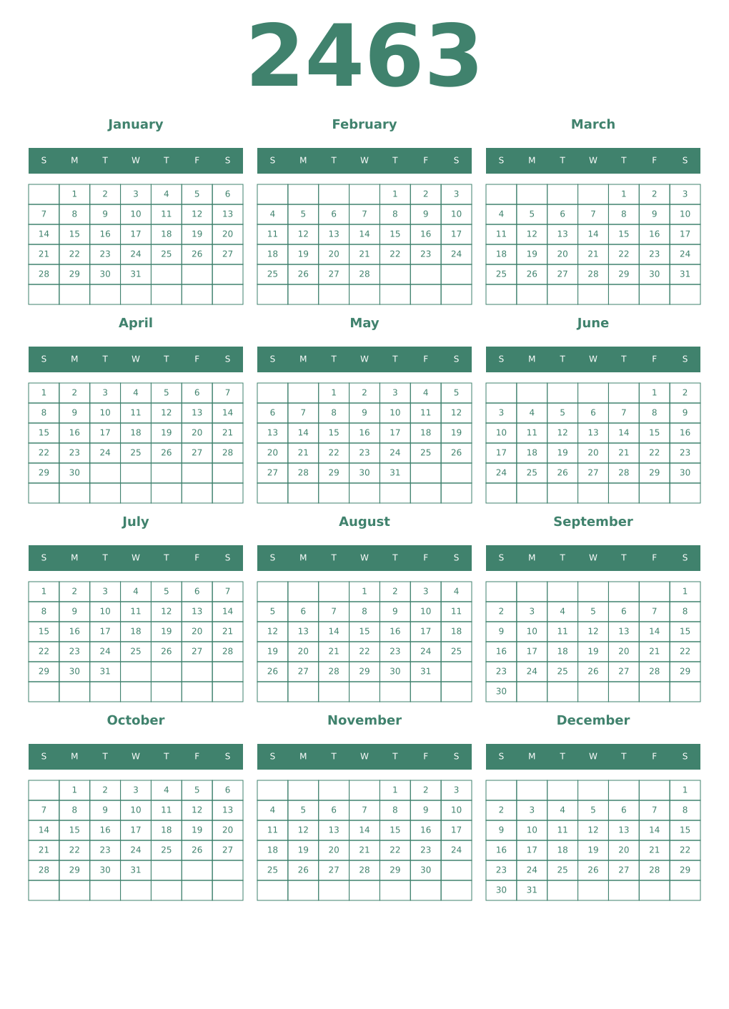 Printable 2463 Year Calendars viridian